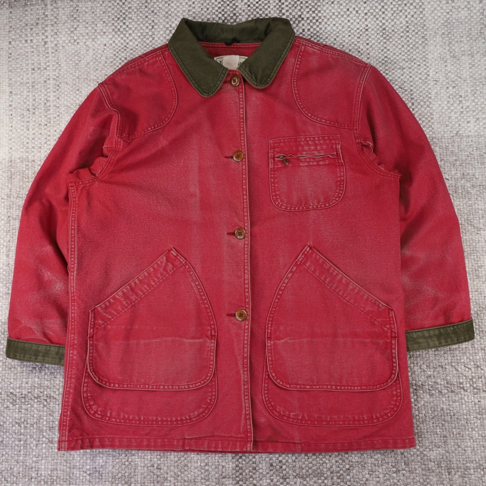 LL Bean Womens Barn Coat Red Canvas Wool Plaid Liner Field Jacket Petite Large